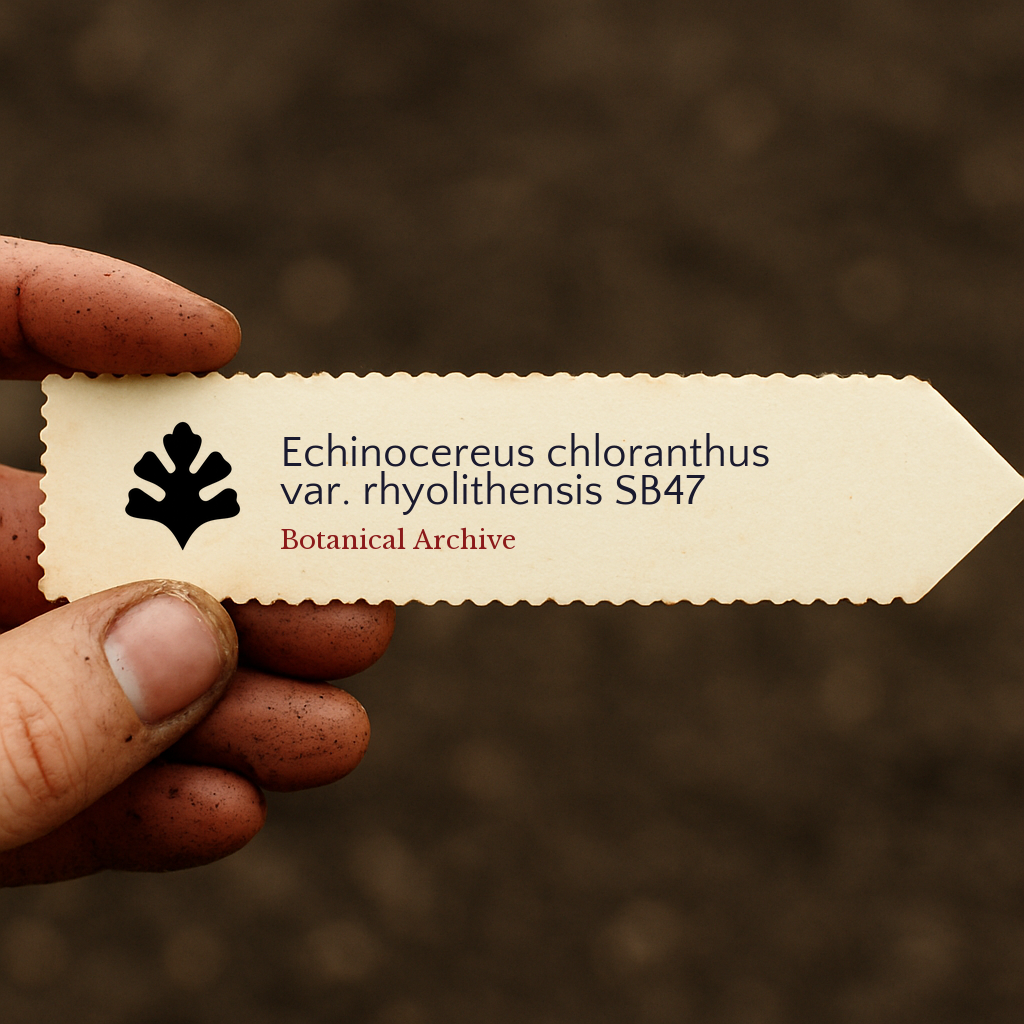 Printed plant label for Echinocereus chloranthus var. rhyolithensis SB47 held by dirty hand