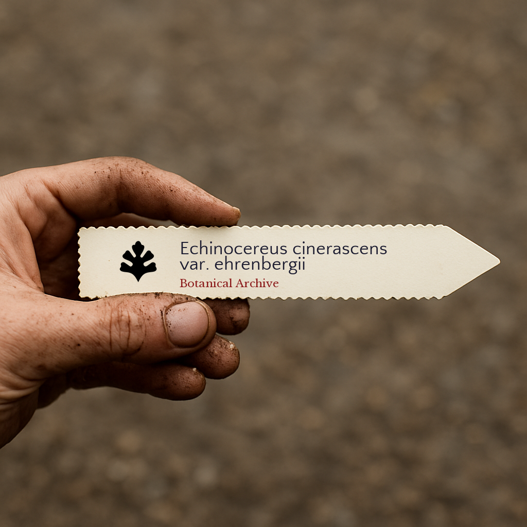 Printed plant label for Echinocereus cinerascens var. ehrenbergii held by dirty hand