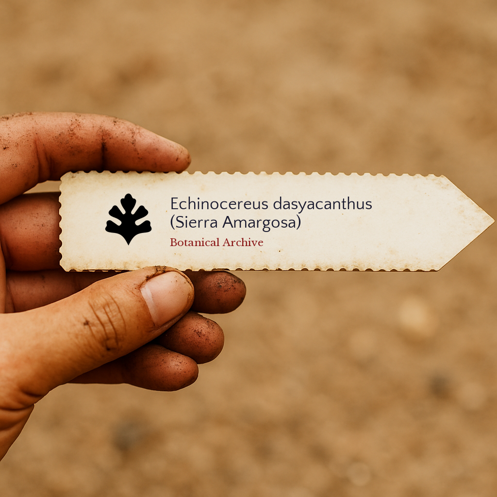Printed plant label for Echinocereus dasyacanthus (Sierra Amargosa) held by hand with dirt