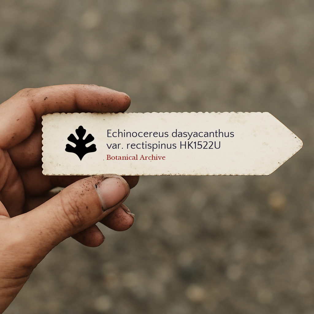 Plant label for Echinocereus dasyacanthus var. rectispinus with Botanical Archive logo