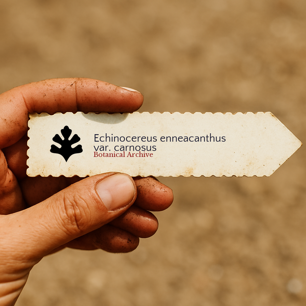 Printed plant label for Echinocereus enneacanthus var. carnosus held in hand with dirt background
