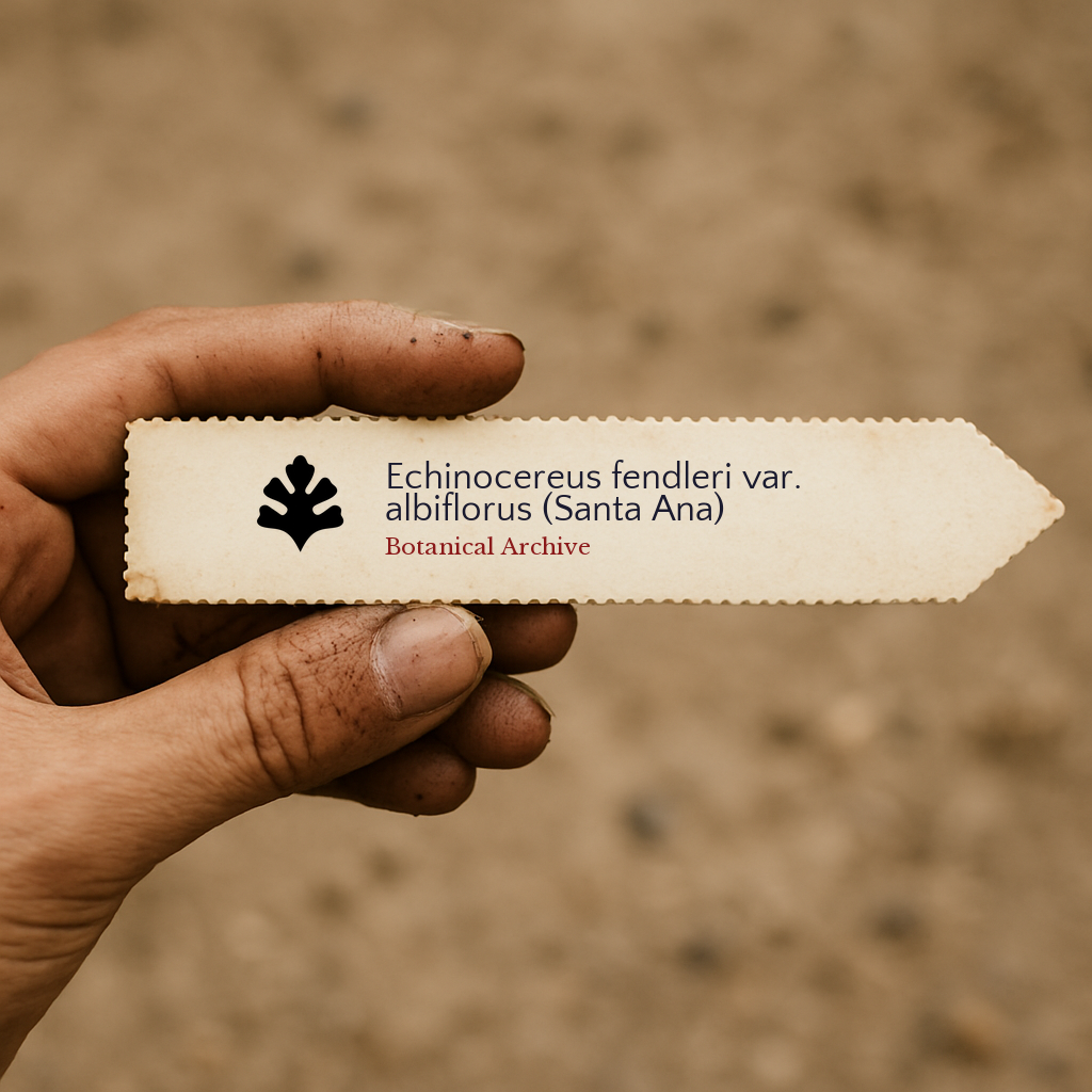 Printed plant label for Echinocereus fendleri var. albiflorus held by hand with dirt background