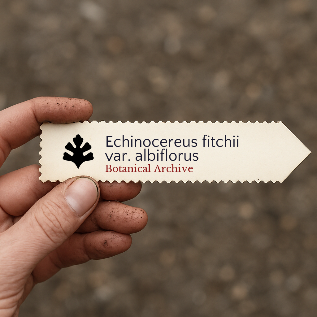 Printed plant label for Echinocereus fitchii var. albiflorus held in hand with soil background
