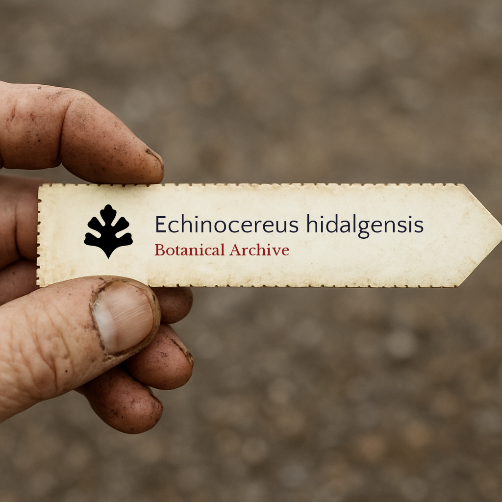 Printed plant label for Echinocereus hidalgensis held by dirty hand outdoors