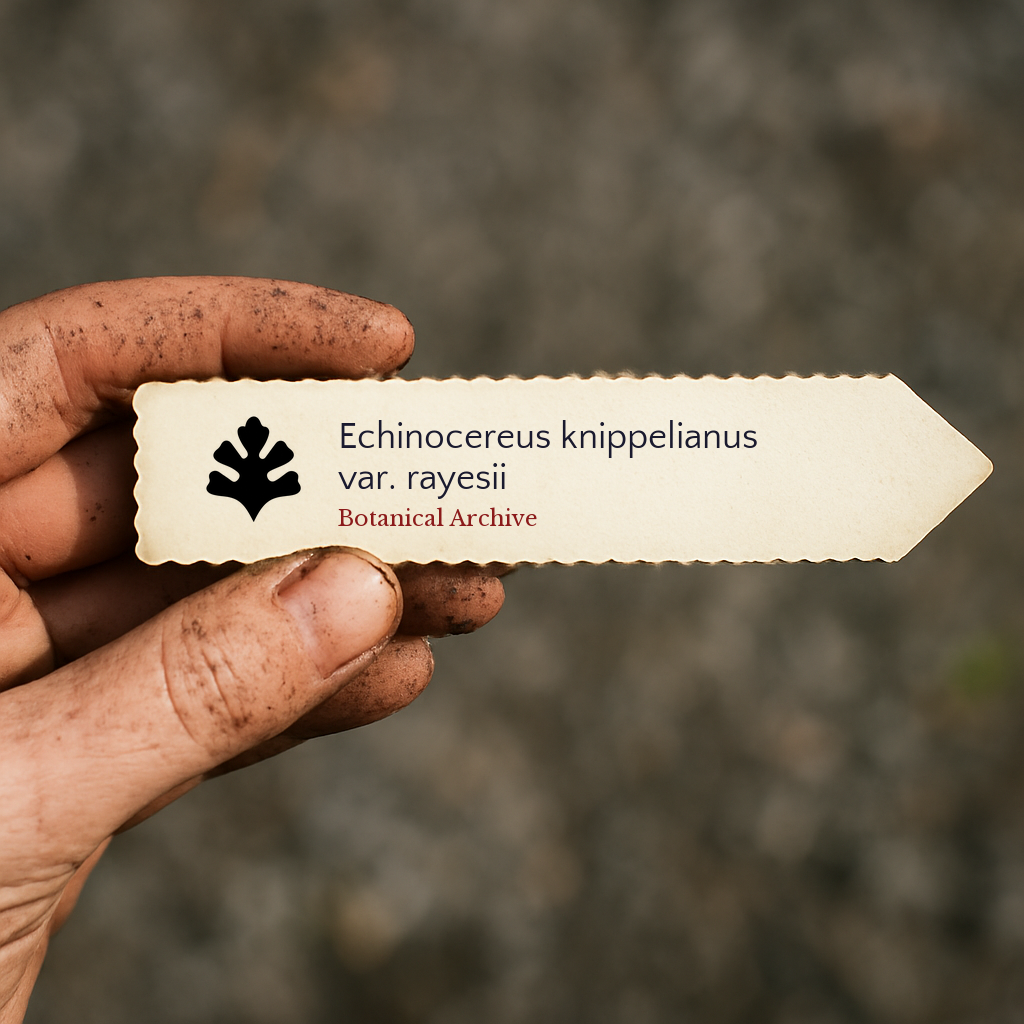 Printed plant label for Echinocereus knippelianus var. rayesii held by dirty hand outdoors