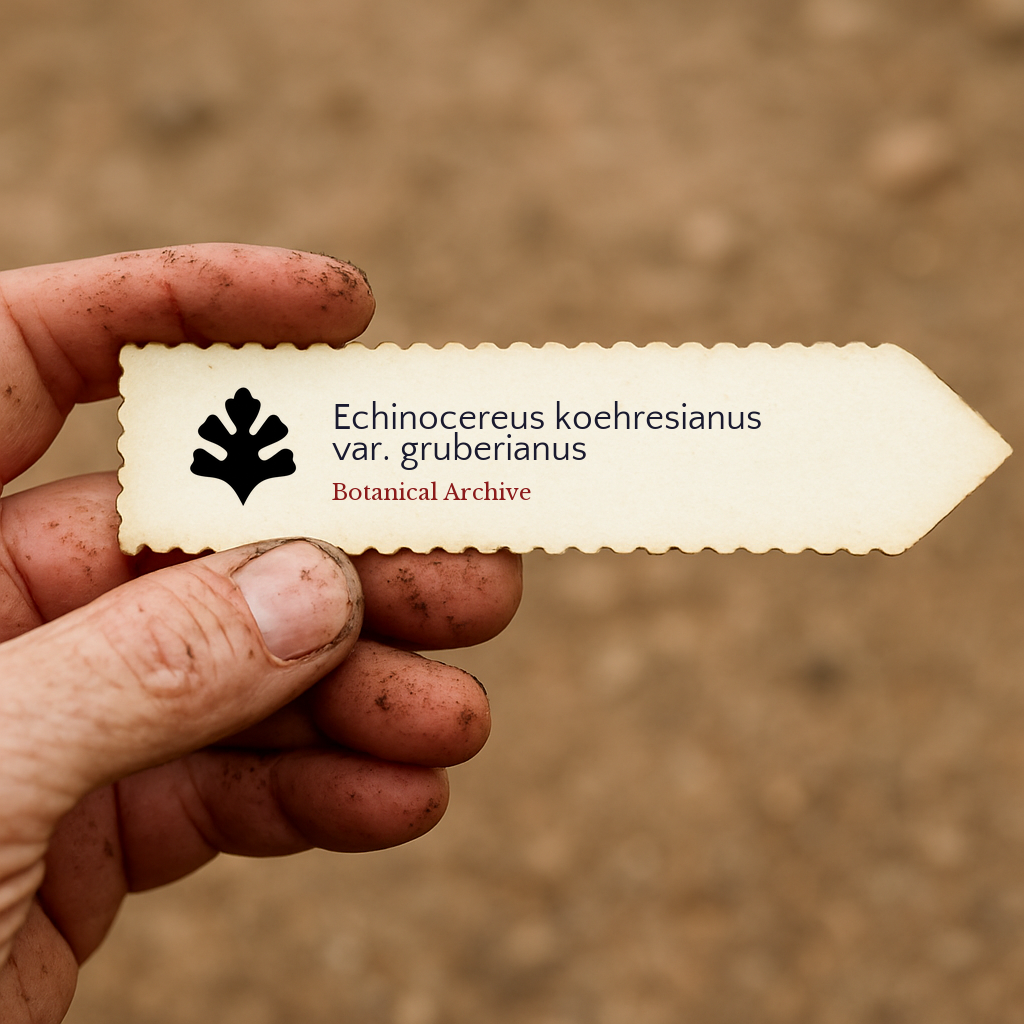 Printed plant label for Echinocereus koehresianus var. gruberianus held in dirty hand