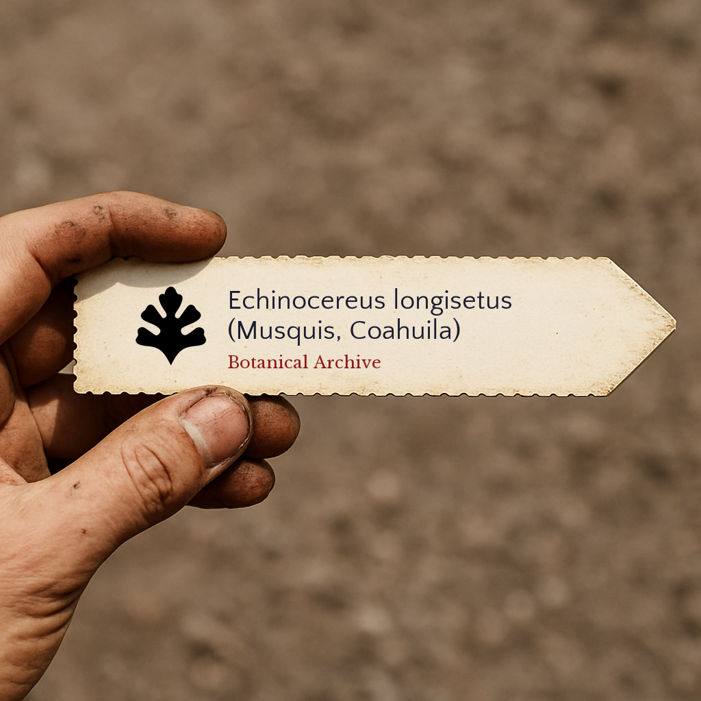 Printed plant label for Echinocereus longisetus with botanical archive logo in hand