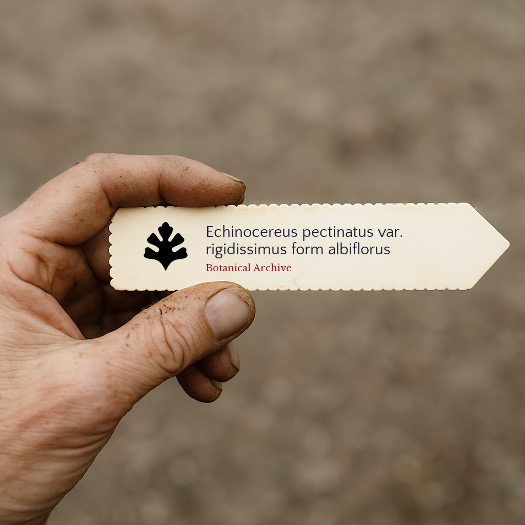 Printed plant label for Echinocereus pectinatus var. rigidissimus in hand with dirt background