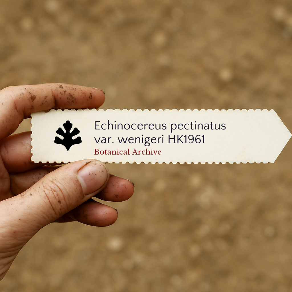 Printed plant label for Echinocereus pectinatus var. wenigeri HK1961 held by hand with soil background