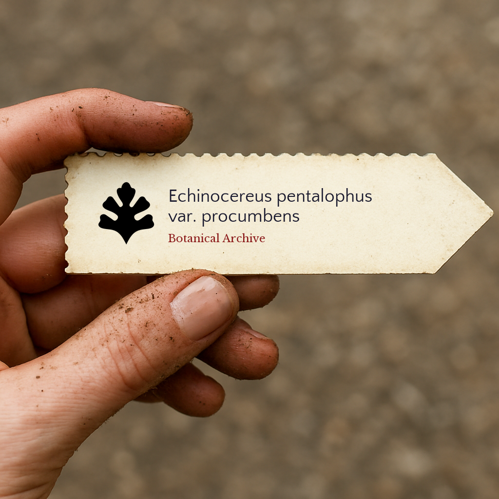 Printed plant label for Echinocereus pentalophus var. procumbens held by dirty hands outdoors