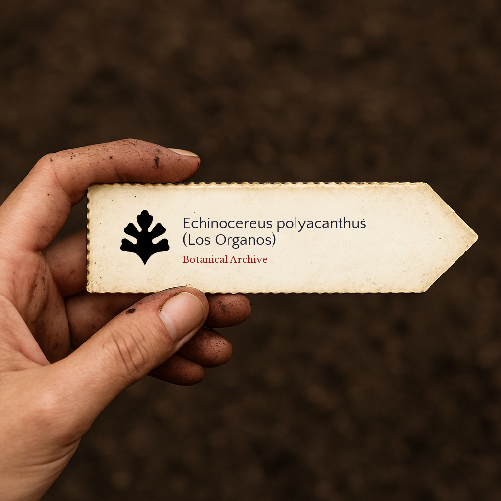 Printed plant label for Echinocereus polyacanthus (Los Organos) held in hand with soil background