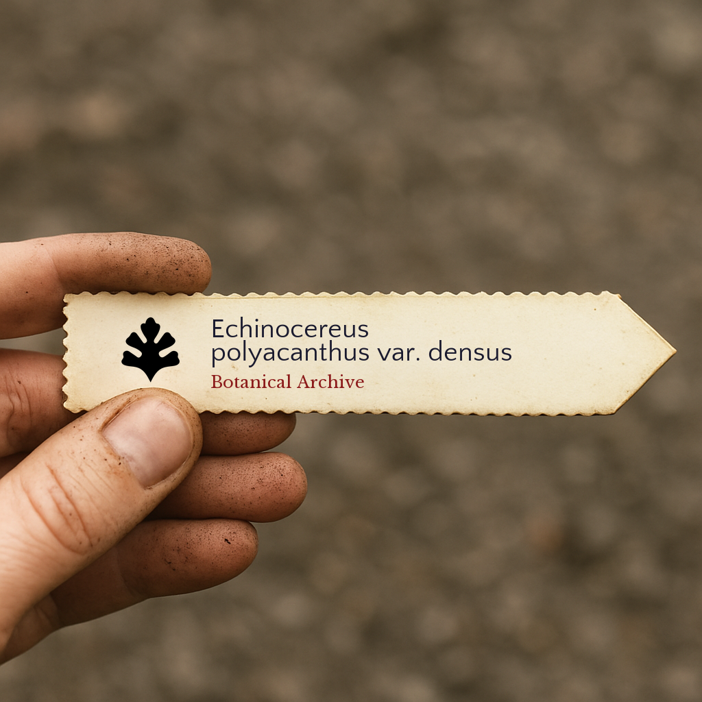 Etichetta stampata per pianta di Echinocereus polyacanthus var. densus tenuta da mano sporca all'aperto