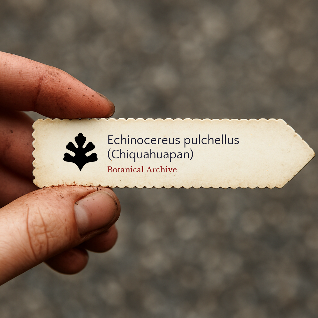 Printed plant label for Echinocereus pulchellus (Chiquahuapan) held by hand outdoors