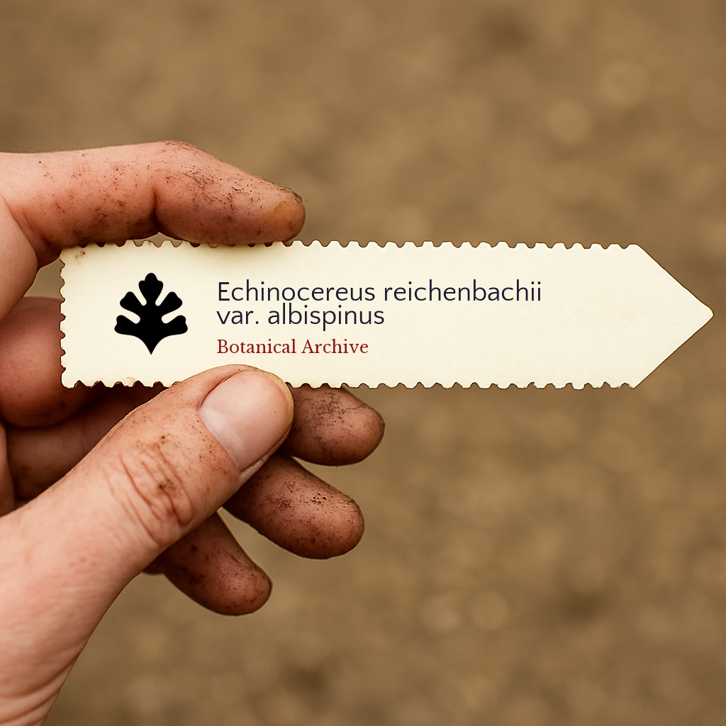 Printed plant label for Echinocereus reichenbachii var. albispinus held by dirty hand outdoors