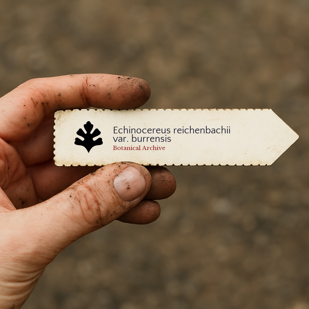 Printed plant label for Echinocereus reichenbachii var. burrensis held in dirty hand