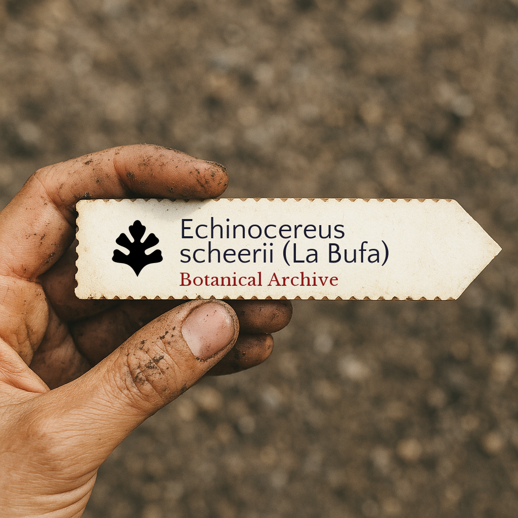 Etichetta stampata per pianta di Echinocereus scheerii (La Bufa) tenuta in una mano del giardiniere ricoperta di terra