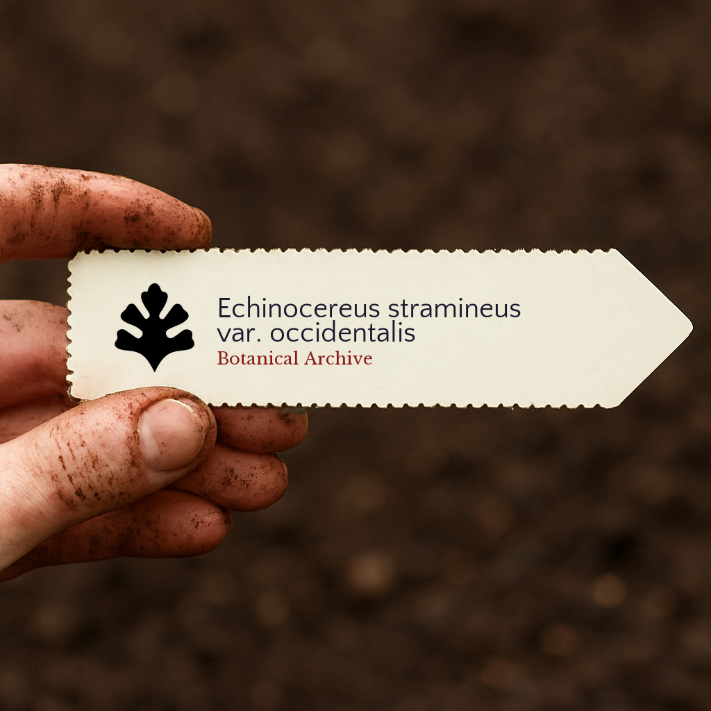 Printed plant label for Echinocereus stramineus var. occidentalis held over soil background
