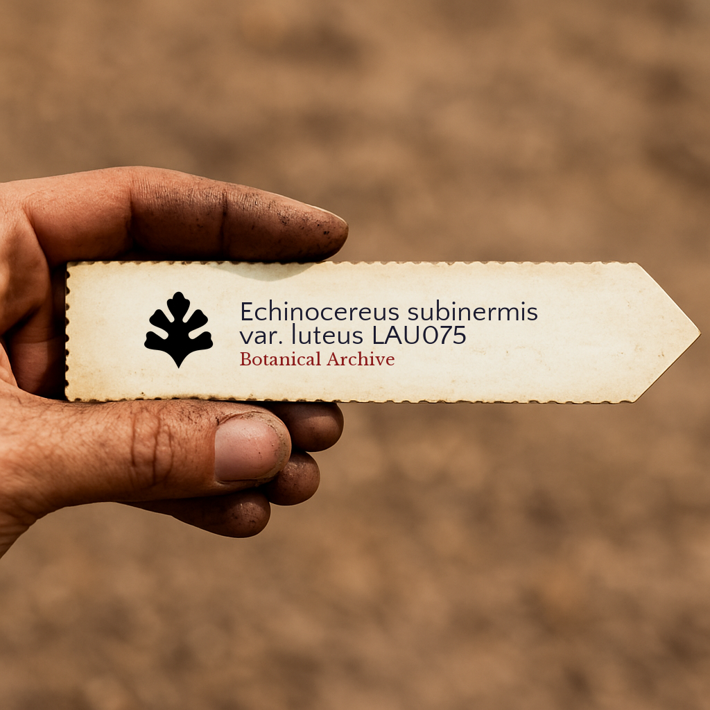 Printed plant label for Echinocereus subinermis var. luteus held in hand with dirt background