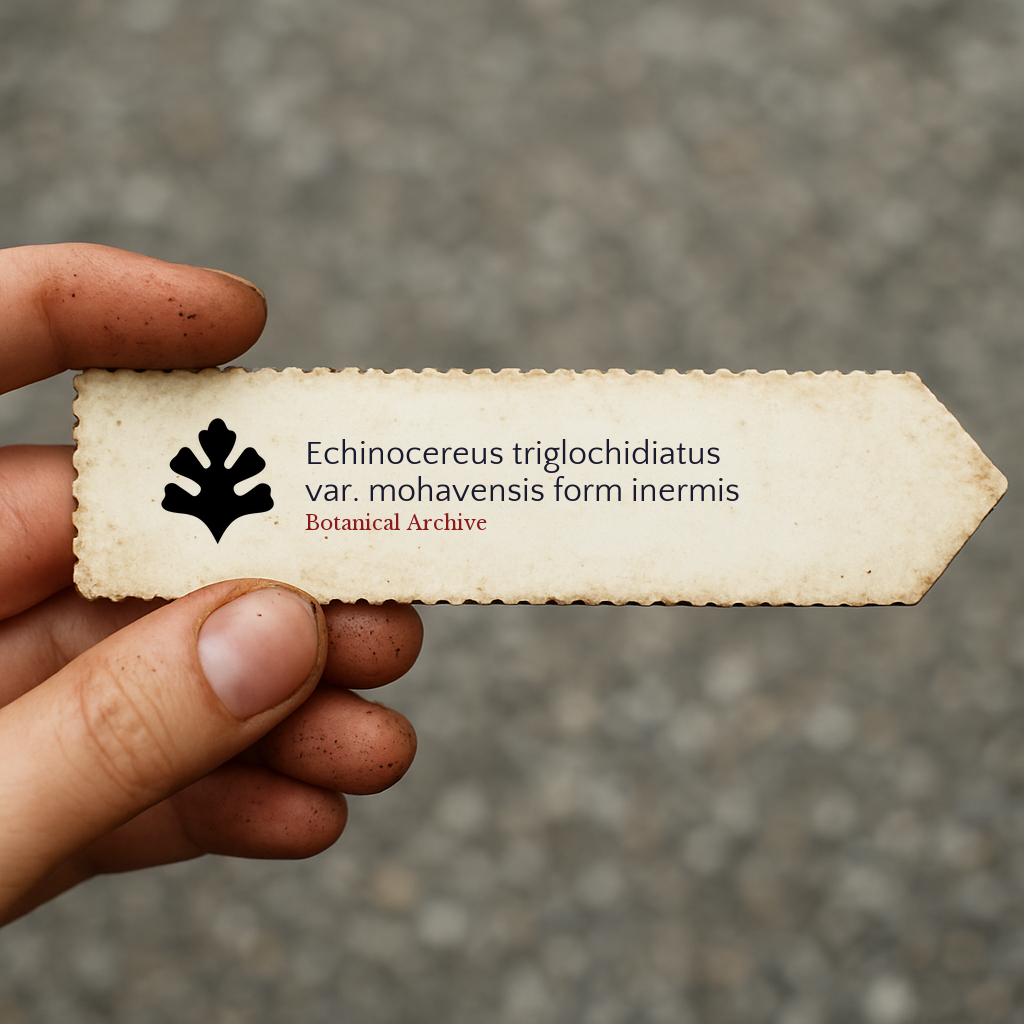 Vintage plant label for Echinocereus triglochidiatus var. mohavensis form inermis held by hand