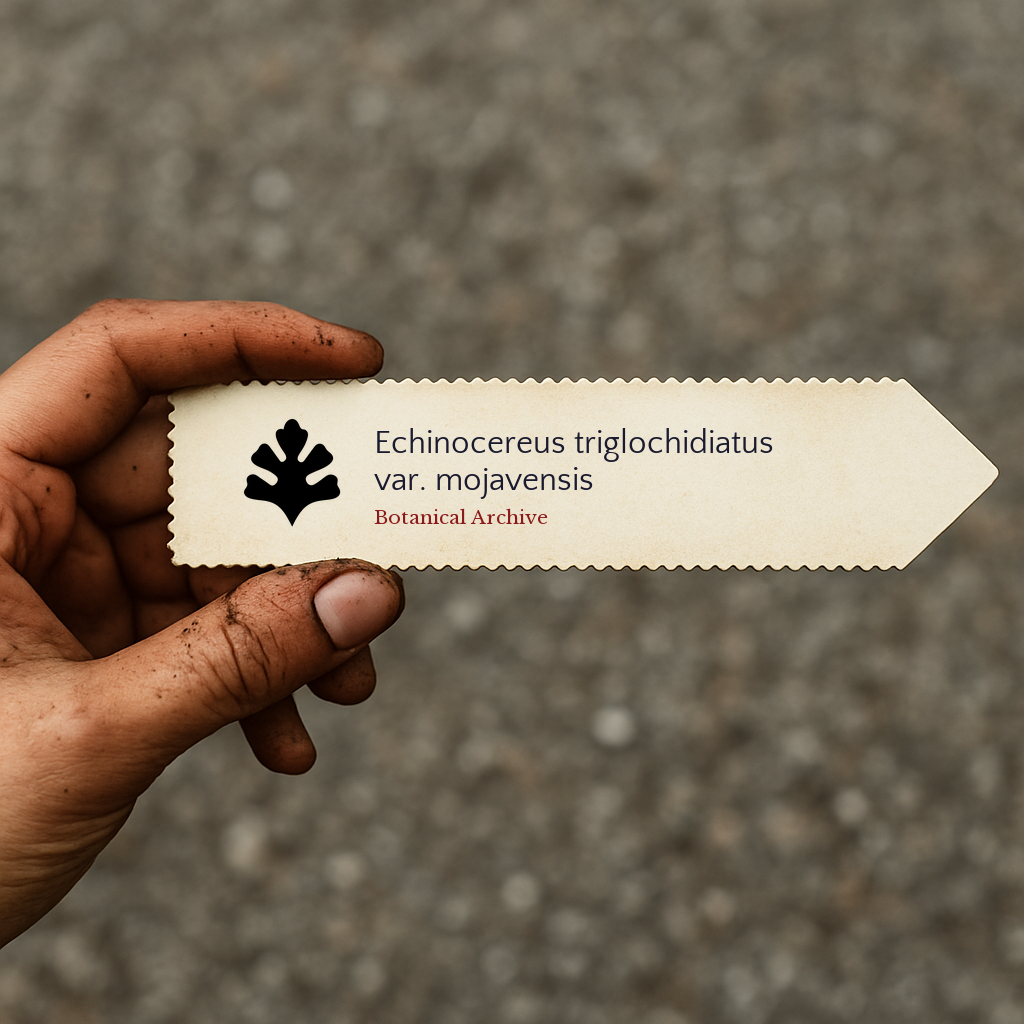 Printed plant label for Echinocereus triglochidiatus var. mojavensis held in hand with dirt background