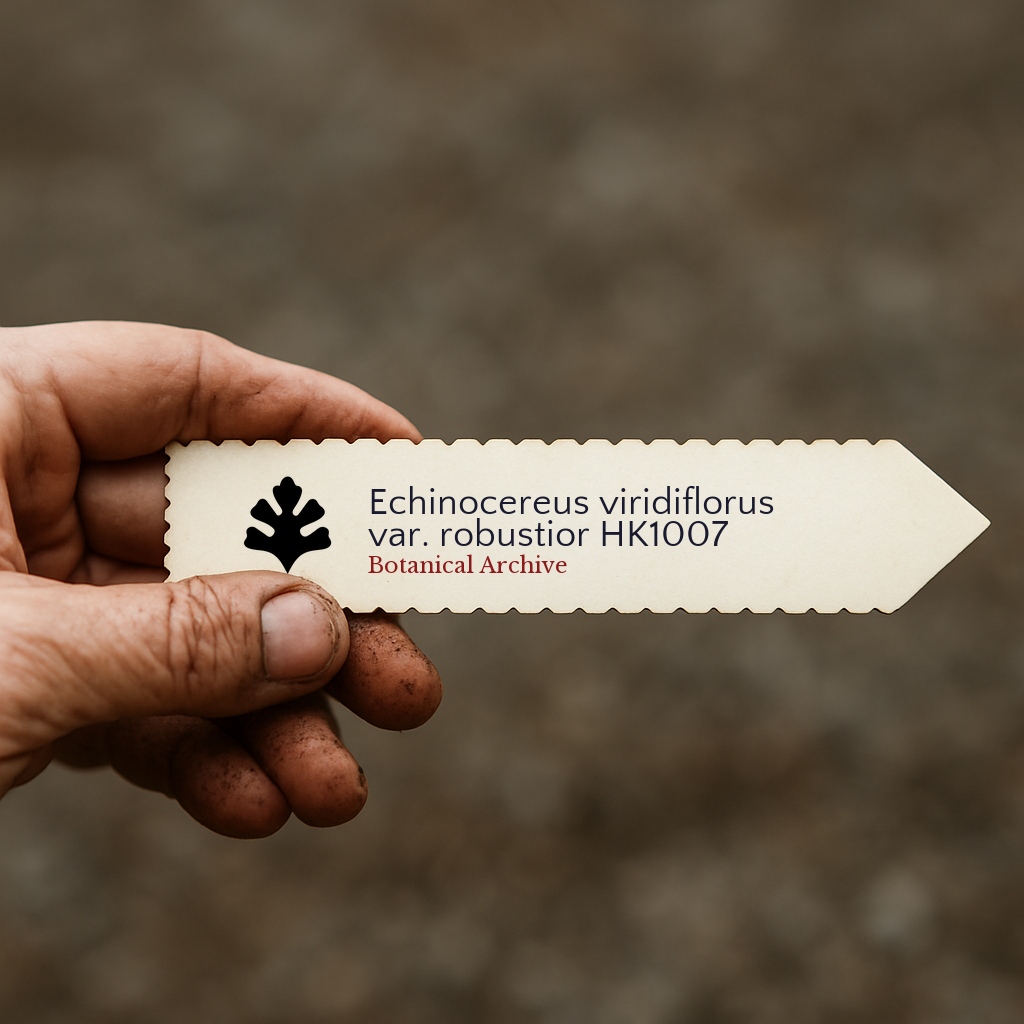 Printed plant label for Echinocereus viridiflorus var. robustior held by hand with dirt