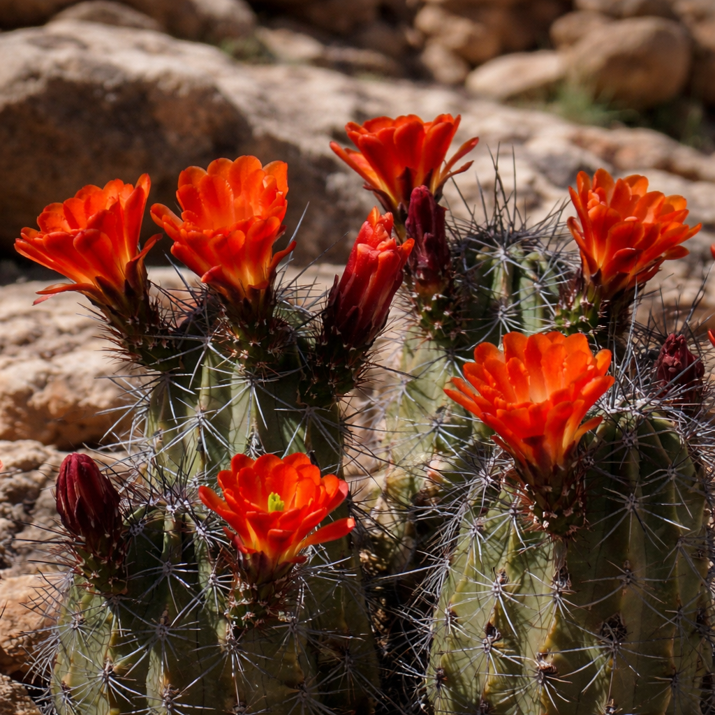 Echinocereus coccineus cactus with bright orange flowers and sharp spines in rocky terrain
