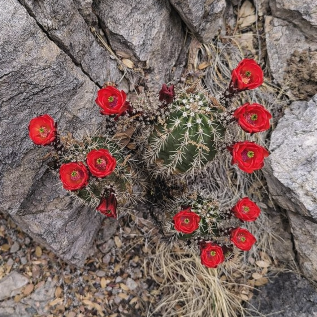 Cactus Echinocereus coccineus var. arizonicus con fiori rosso vivo e spine affilate tra le rocce