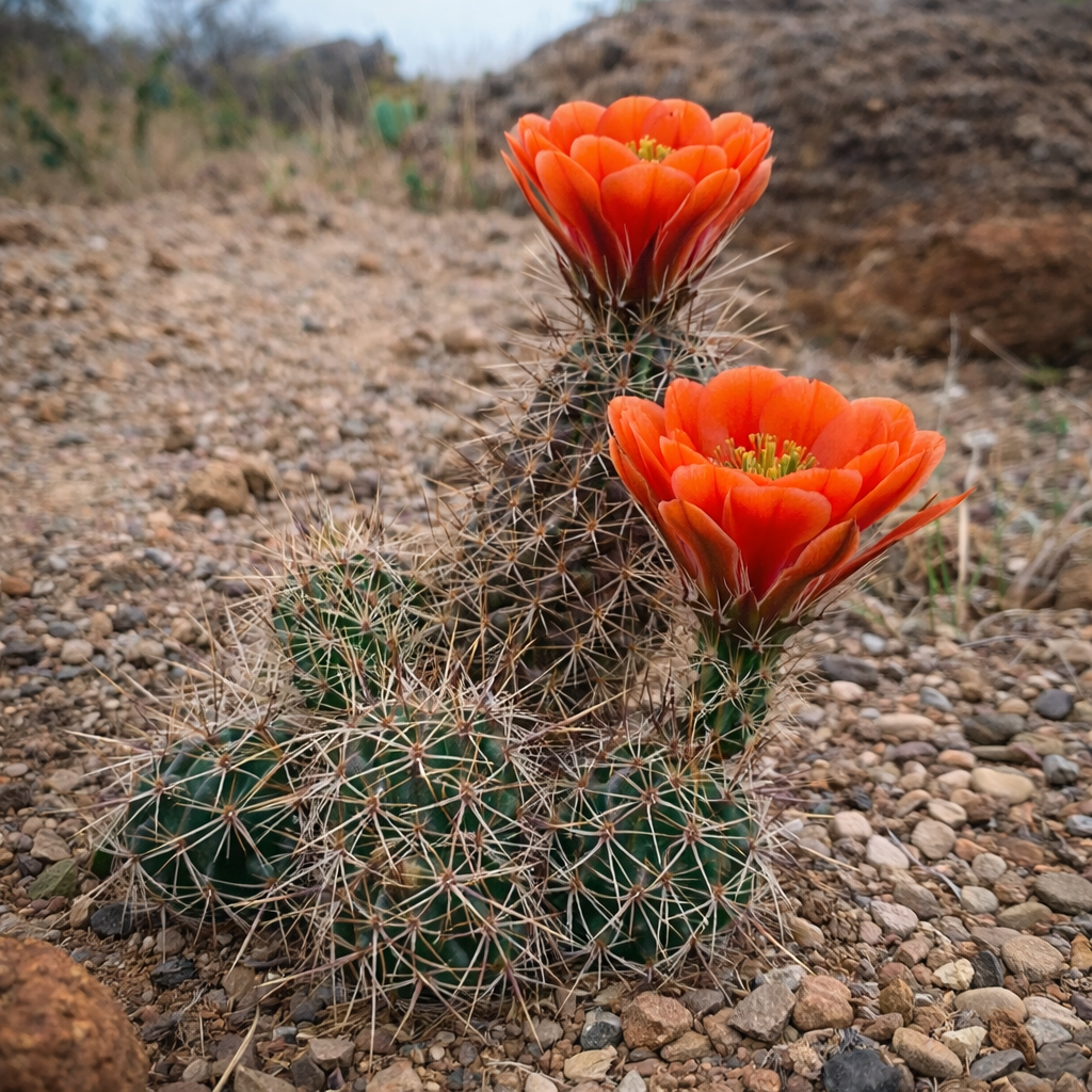 Echinocereus coccineus var. paucispinus cactus with bright orange flowers and sharp spines in rocky soil