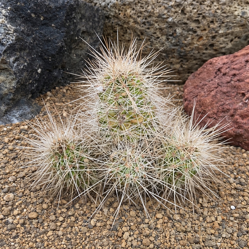 Echinocereus conglomeratus small green cactus with dense long white spines on gravel soil
