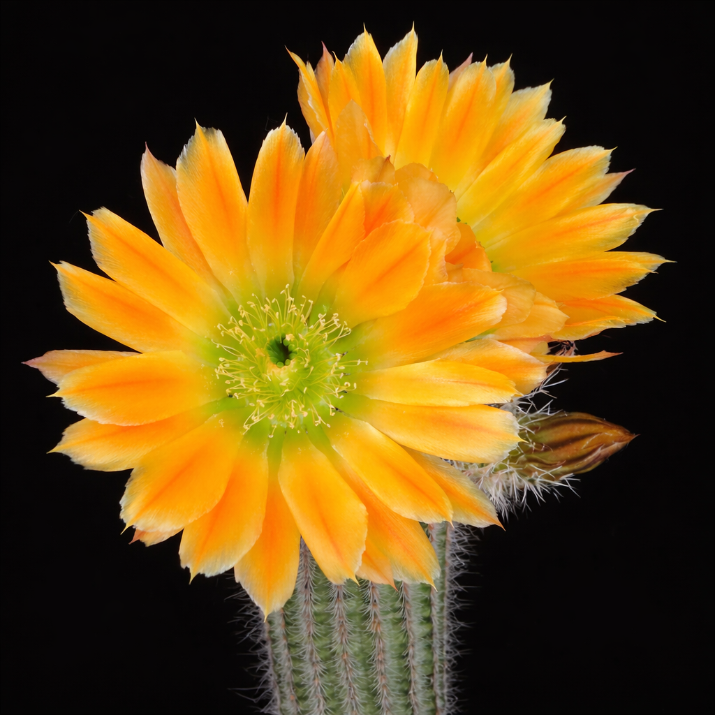 Echinocereus ctenoides cactus with vibrant orange-yellow flowers and spiny green stem