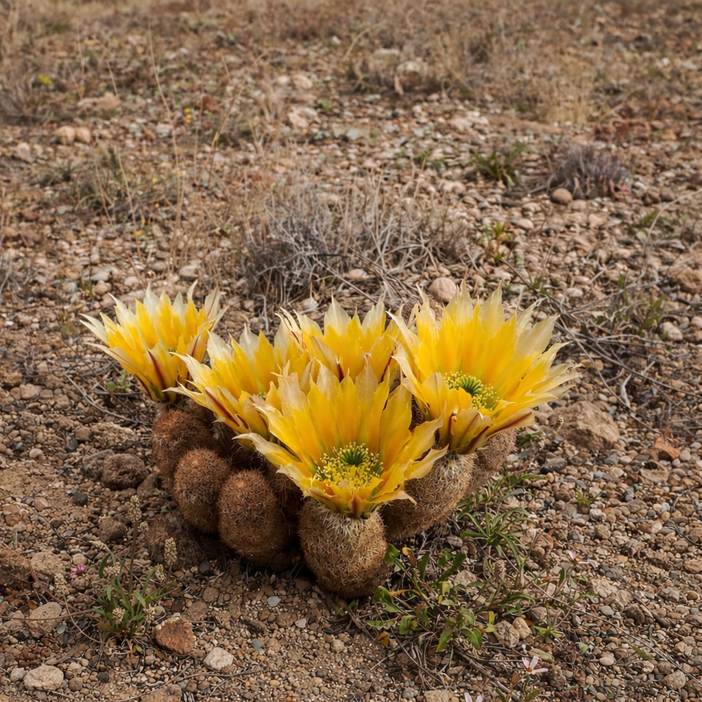 Echinocereus dasyacanthus cactus cluster with bright yellow flowers in desert soil