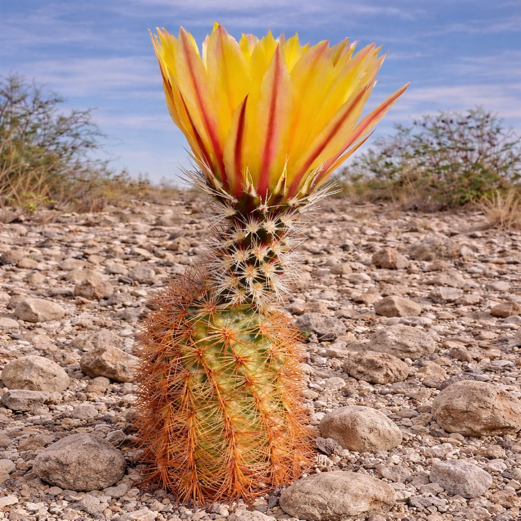 Echinocereus dasyacanthus cactus con fiori dai vivaci colori gialli e rossi e spine fitte nel deserto