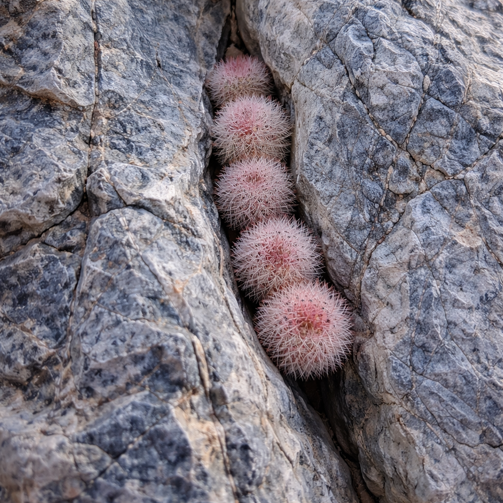 Echinocereus dasyacanthus small pink spiny cactus clustered in rocky crevice desert succulent