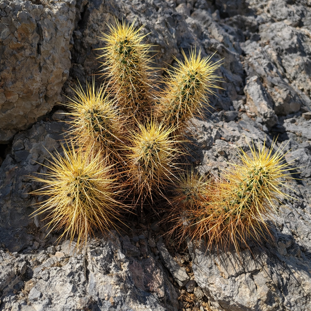 Echinocereus engelmannii var. nicholi cluster with dense yellow spines on rocky terrain succulent cactus