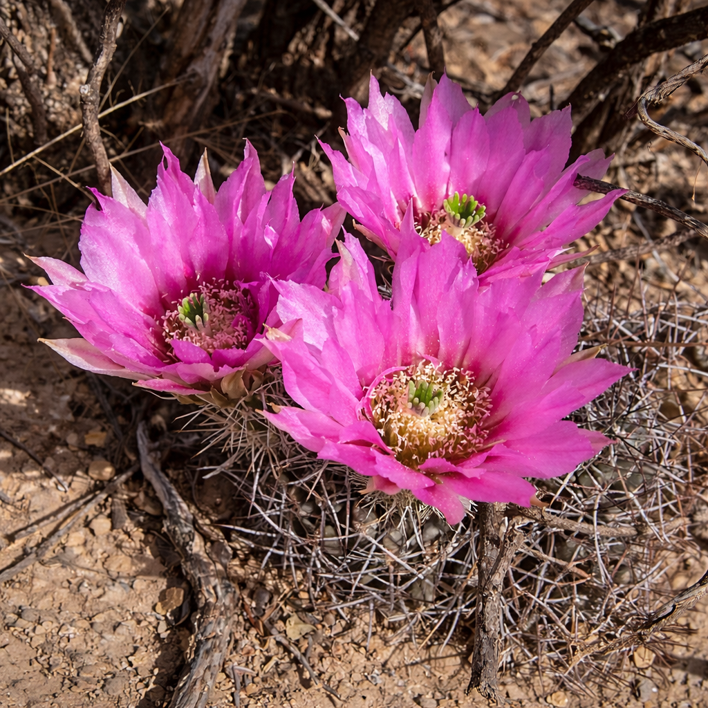 Echinocereus fendleri cactus with bright pink flowers and spiny gray stems in desert soil
