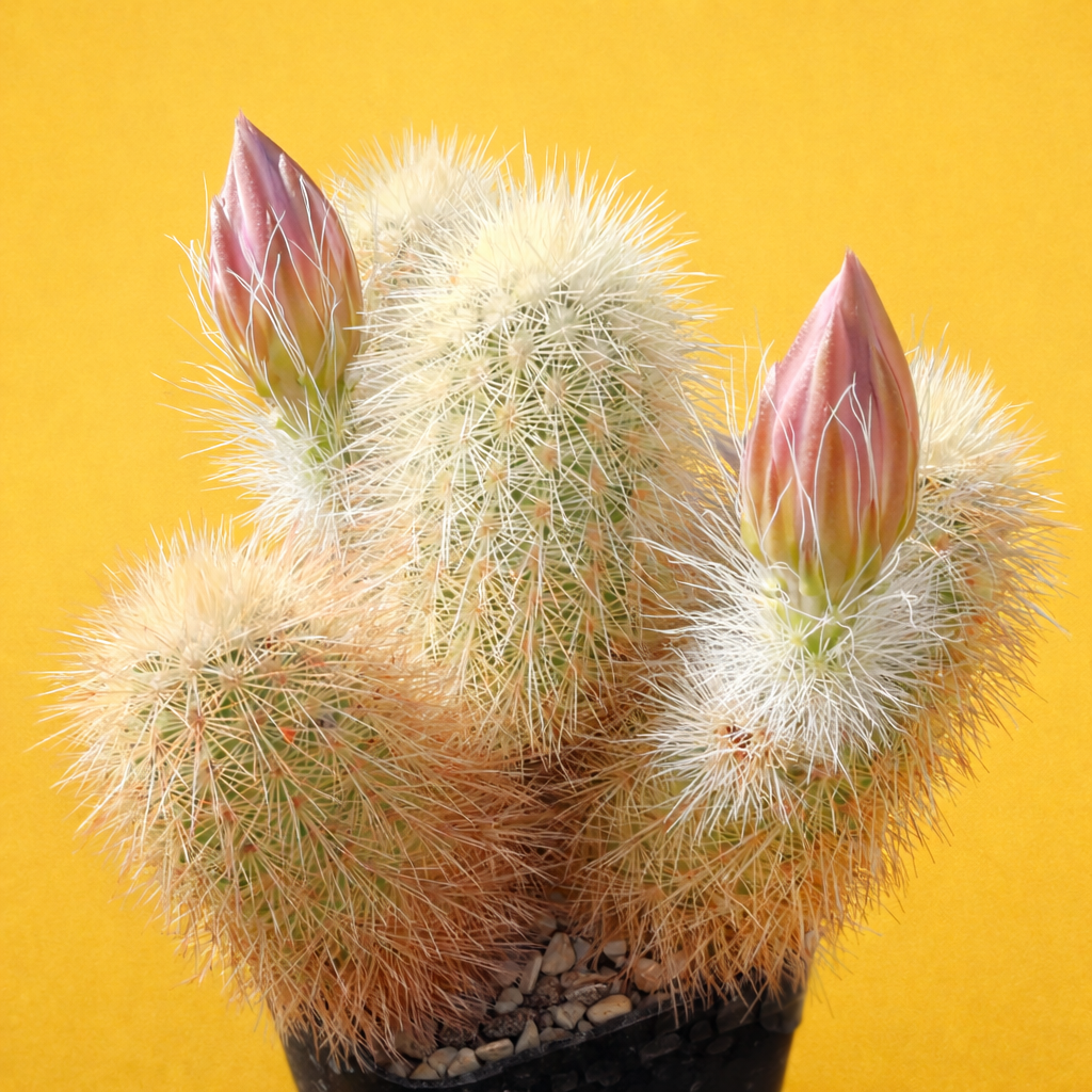 Echinocereus freudenbergeri rare cactus with white spines and pink flower buds in black pot