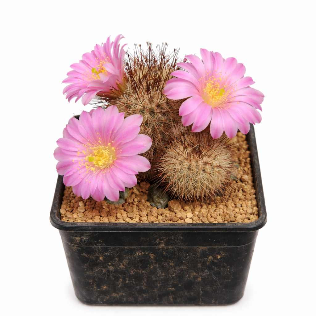 Echinocereus laui small cactus with pink flowers in black plastic pot