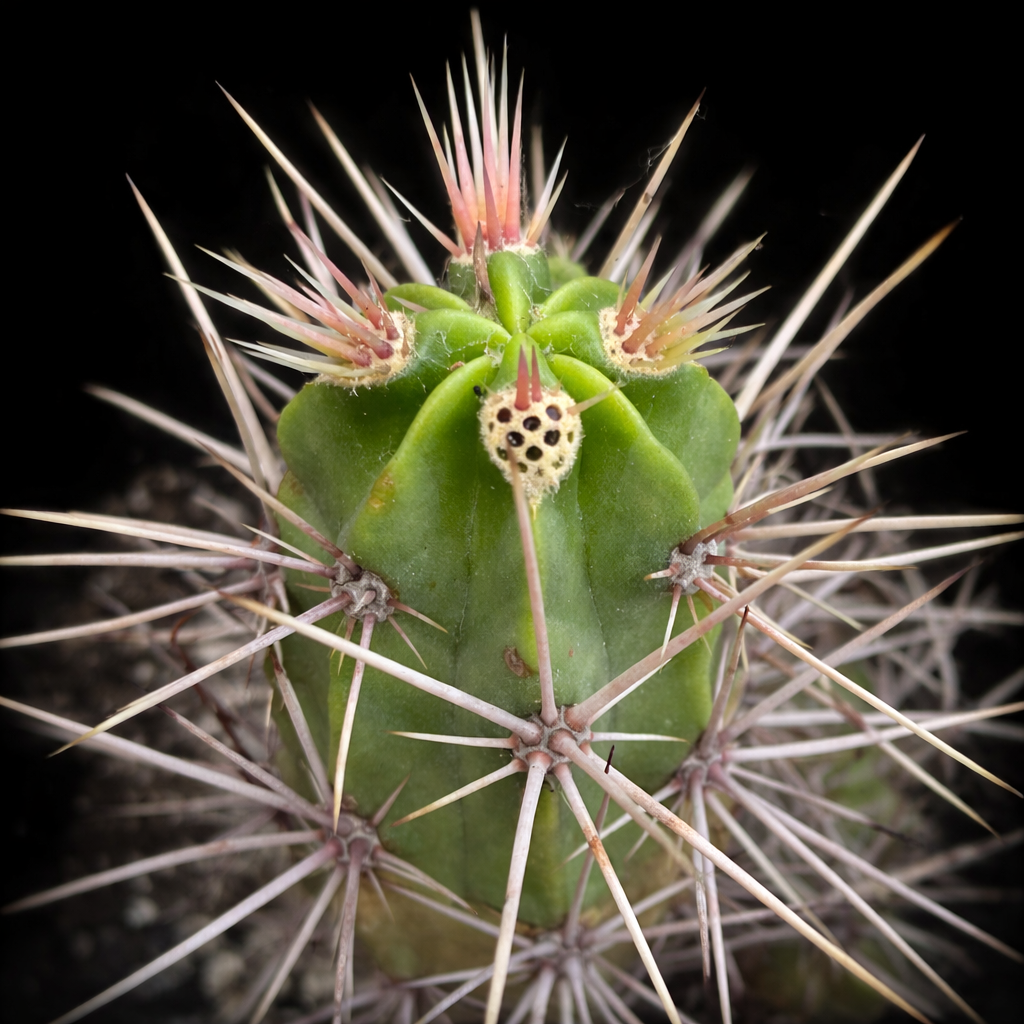 Echinocereus maritimus rare cactus with long pinkish spines and green ribbed stem close-up