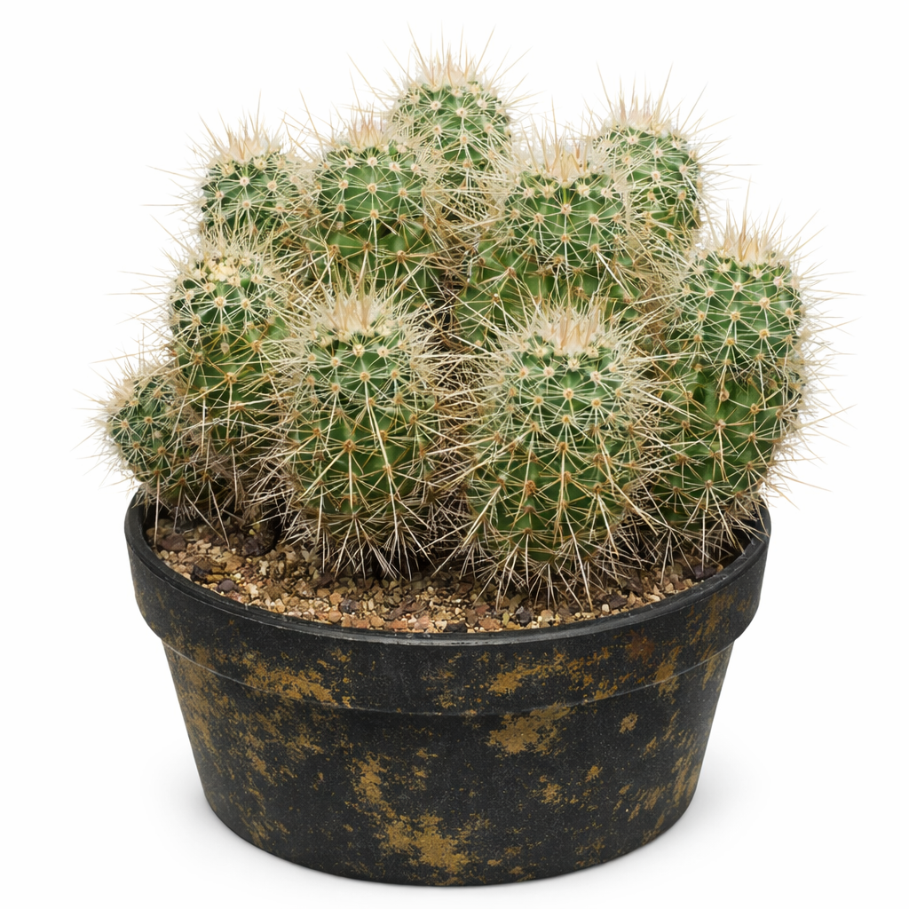 Echinocereus mombergerianus clustered cactus with dense yellowish spines in black pot