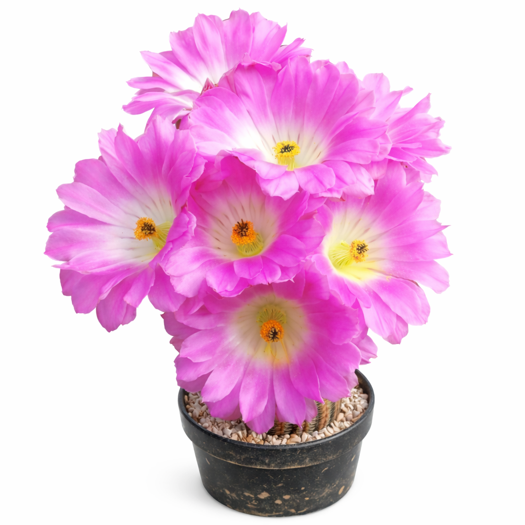 Echinocereus pectinatus cactus with vibrant pink and white flowers in black pot