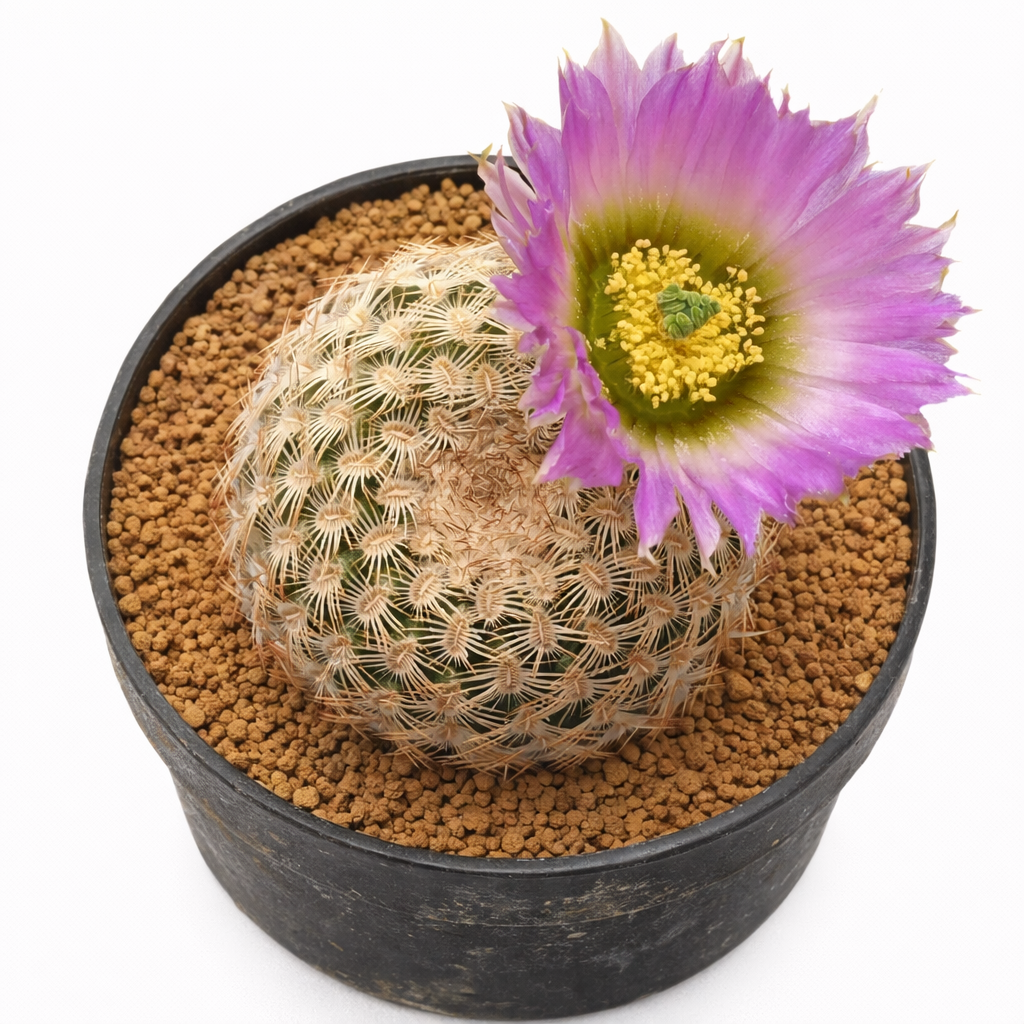 Cactus Echinocereus reichenbachii var. minor con fiore rosa in vaso nero con terreno ghiaioso