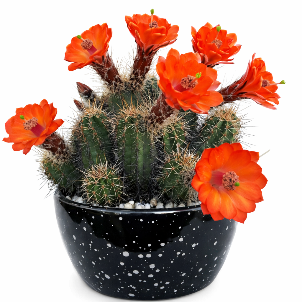 Echinocereus salm-dyckianus cactus with vibrant orange flowers in black speckled pot