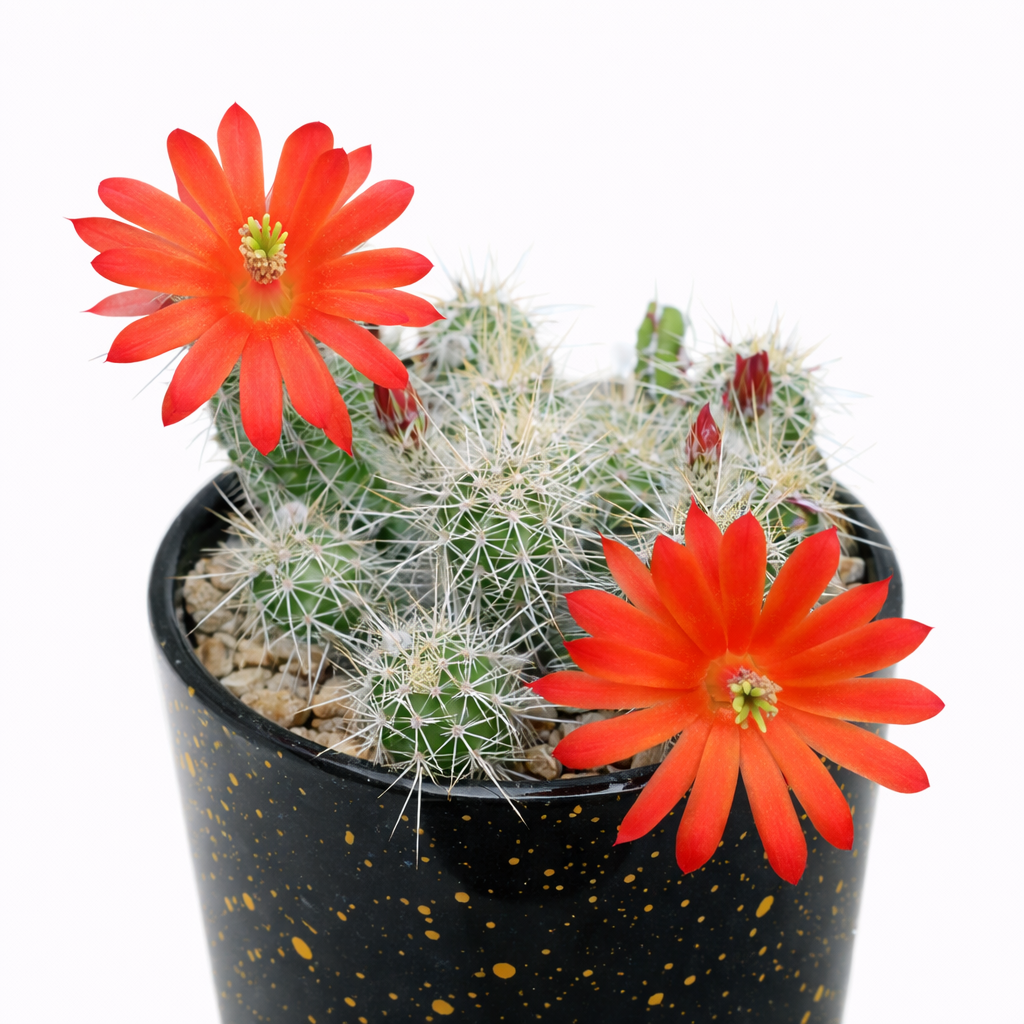 Echinocereus sanpedroensis cactus con fiori arancioni vivaci in vaso nero screziato