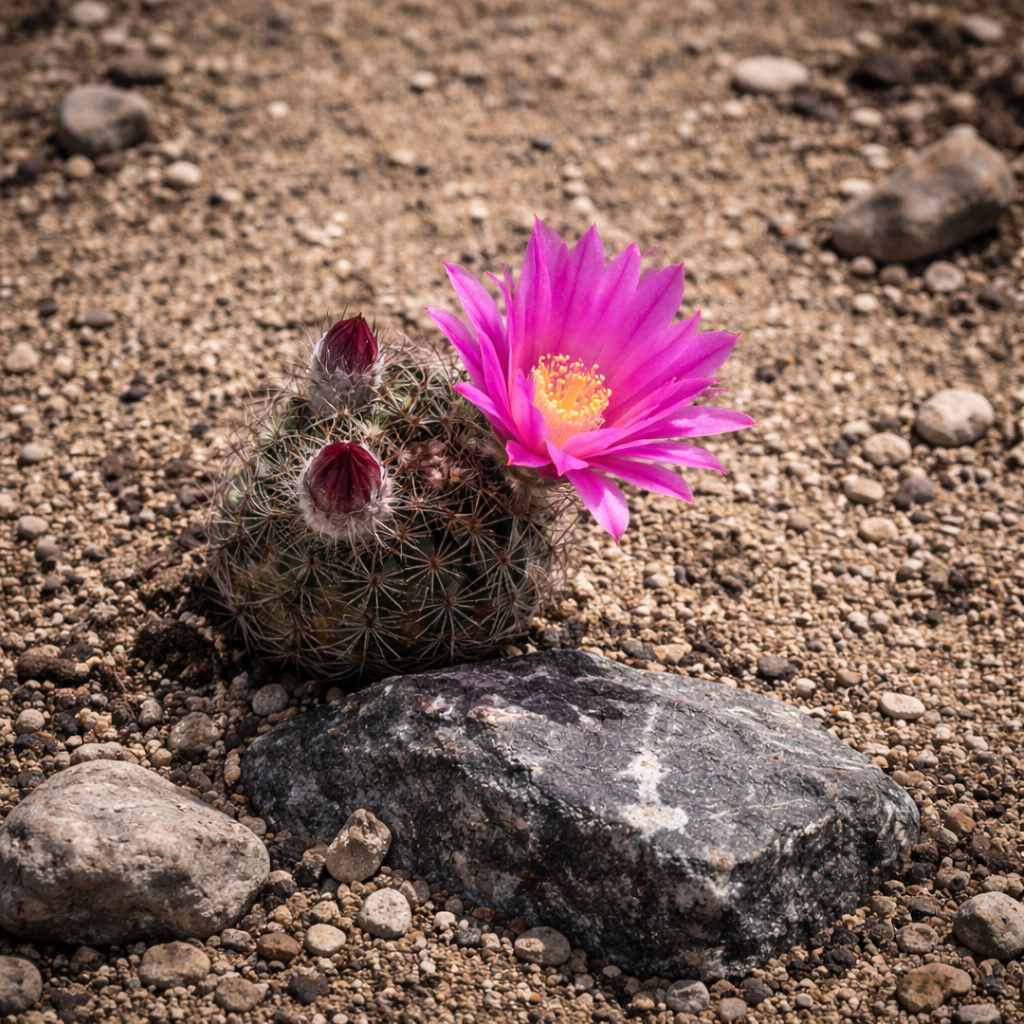 Echinocereus schwarzii small cactus with bright pink flower and spiny green body in desert soil