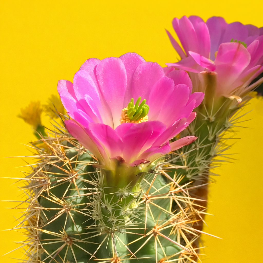 Echinocereus spinigemmatus cactus con vivaci fiori rosa e spine appuntite su sfondo giallo