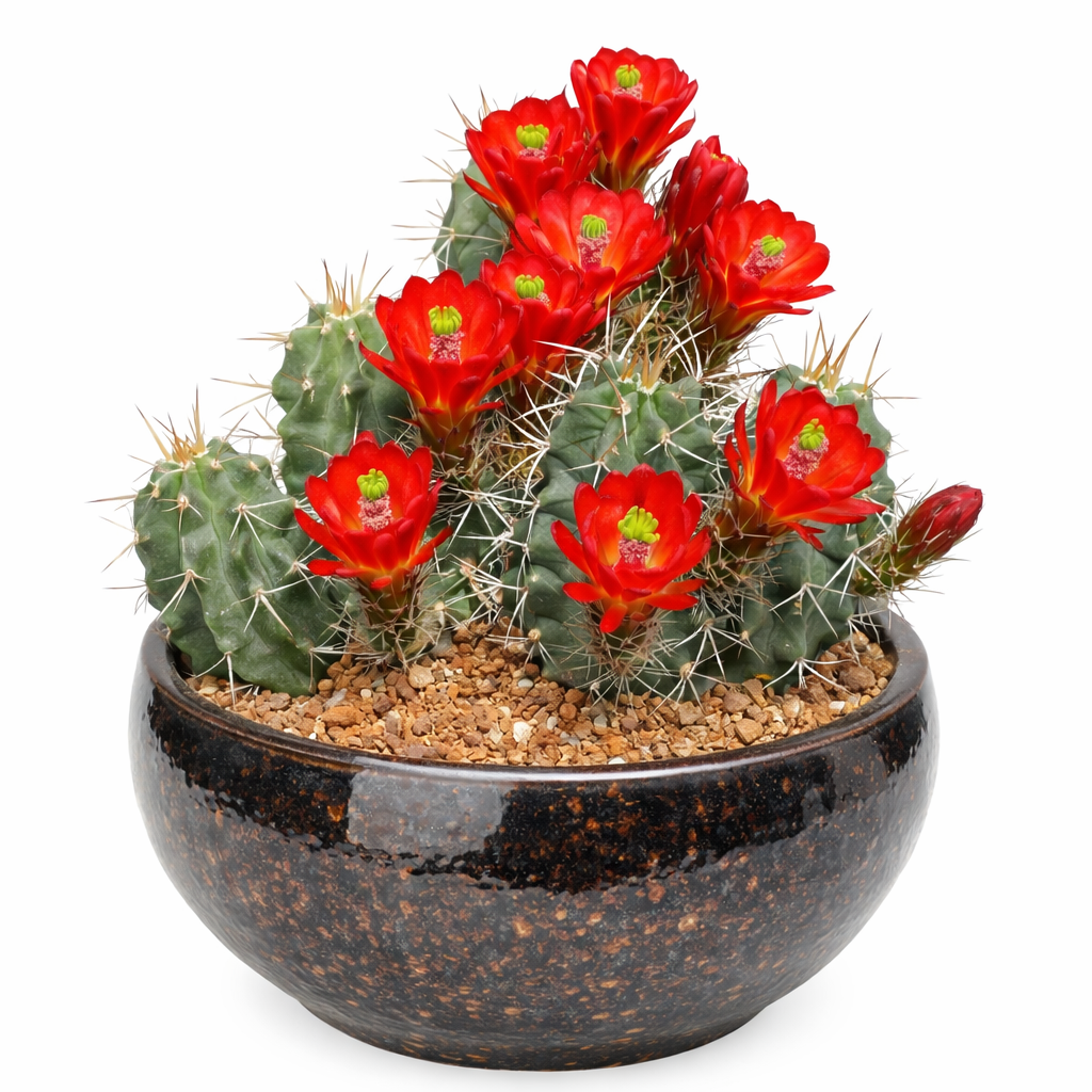Cactus Echinocereus triglochidiatus con vivaci fiori rossi in un vaso di ceramica rotondo