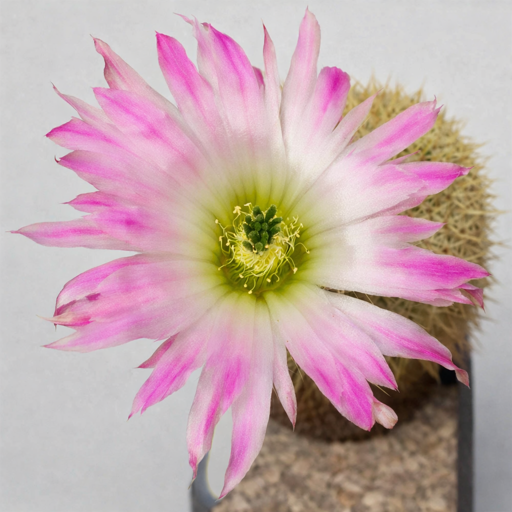 Cactus Echinocereus websterianus con grande fiore rosa e bianco e fusto spinoso