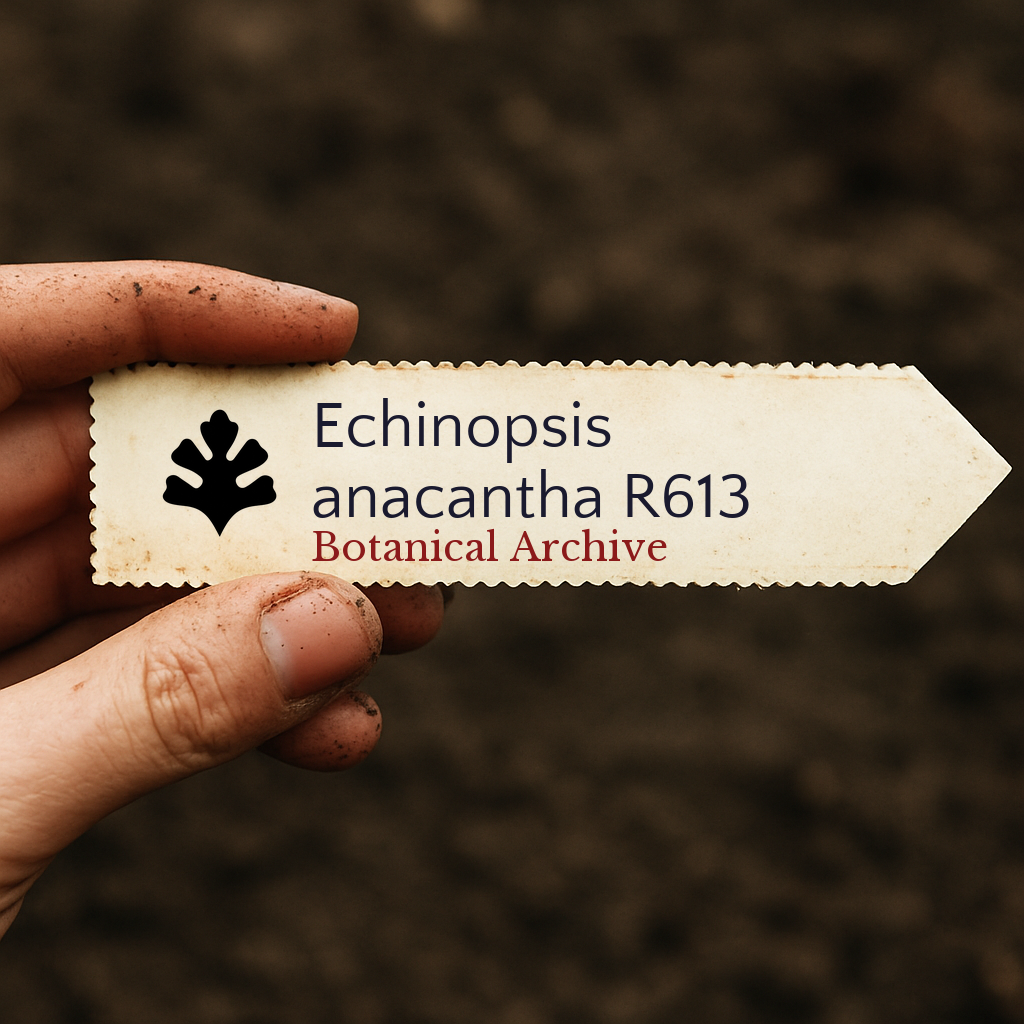 Printed plant label for Echinopsis anacantha R613 held over soil background