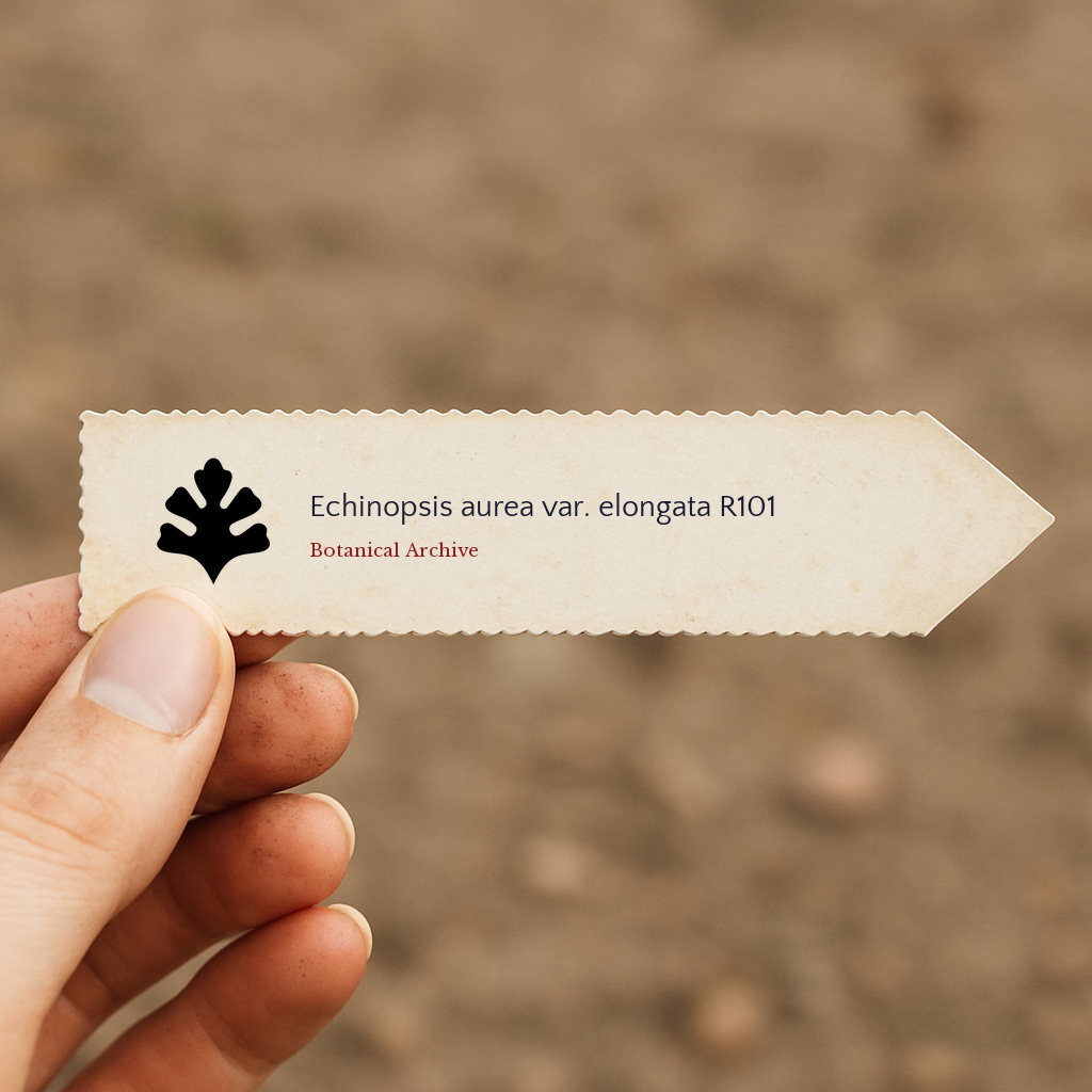 Printed plant label for Echinopsis aurea var. elongata in garden soil background
