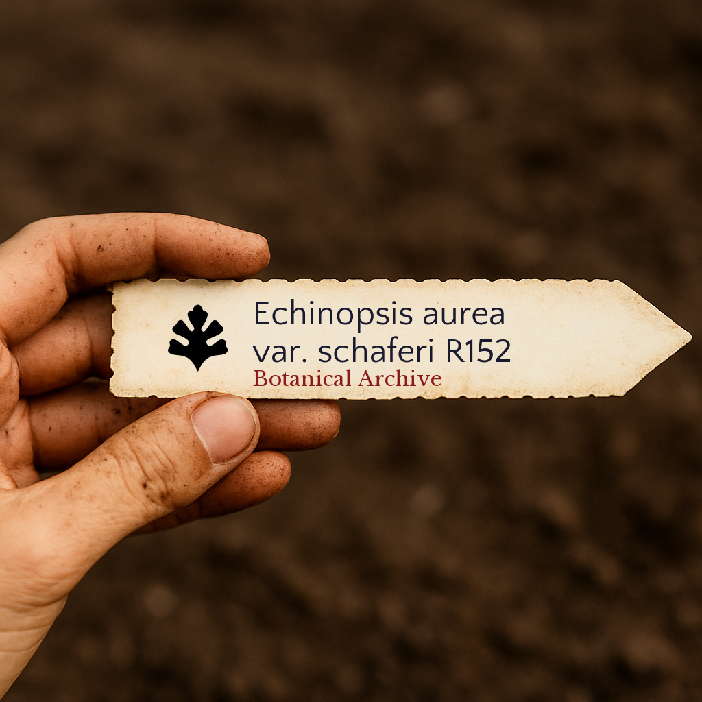 Printed plant label for Echinopsis aurea var. schaferi held by hand over soil background